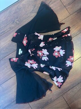 Floral Black and Pink Blouse and Matching Skirt Set